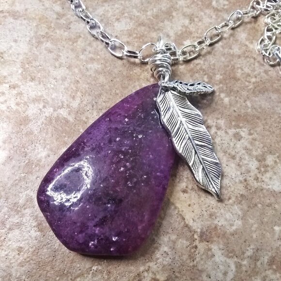 Large Purple Lepidolite Stone & Leaves Pendant w. 24" Silver Plated Chain - Picture 6 of 8